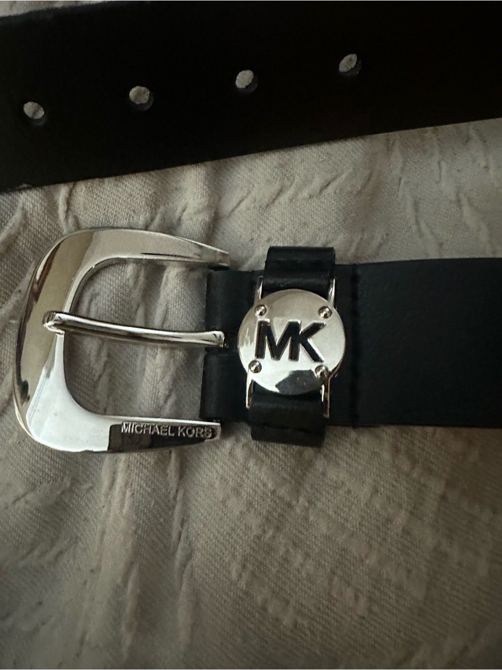 Michael Kors Black Leather Belt with Silver MK Emblem
